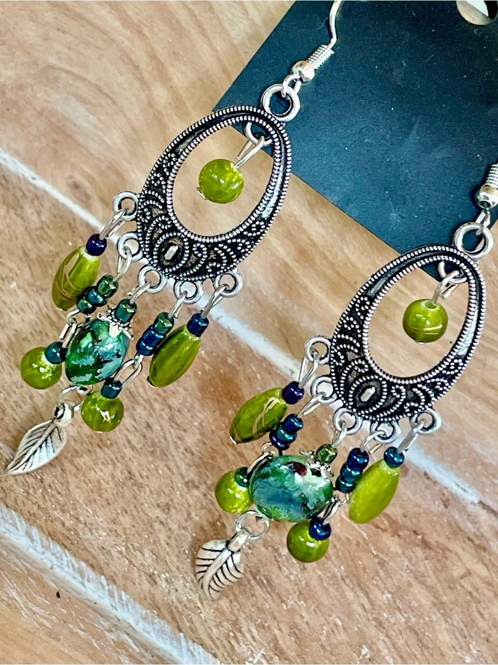 Handcrafted Olive Green Boho Beaded Dangle Earrings with Silver Filigree